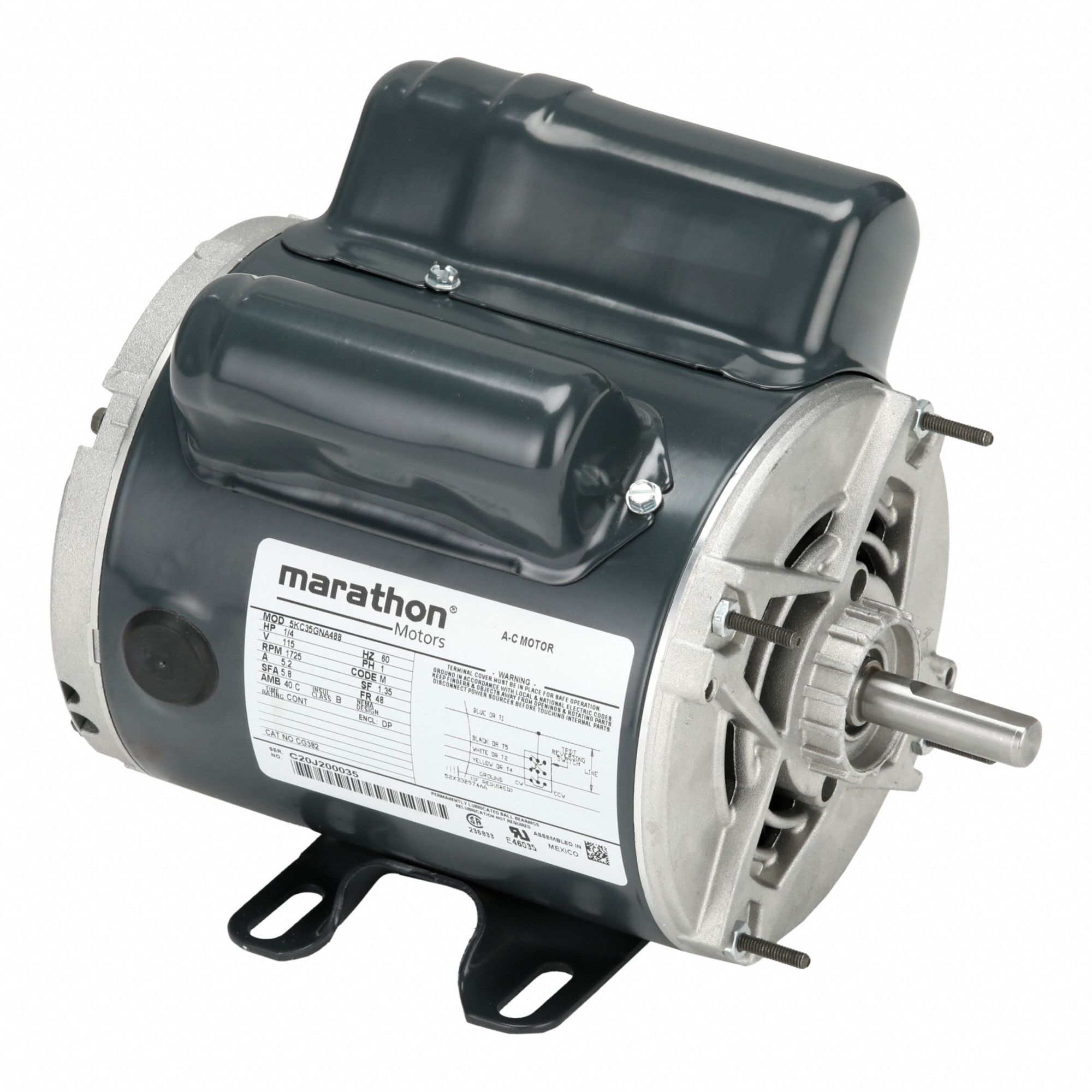 INSTANT REVERSE MOTOR, RIGID BASE, 1/4 HP, 1,725 NAMEPLATE RPM, 115 V AC, 48 FRAME
