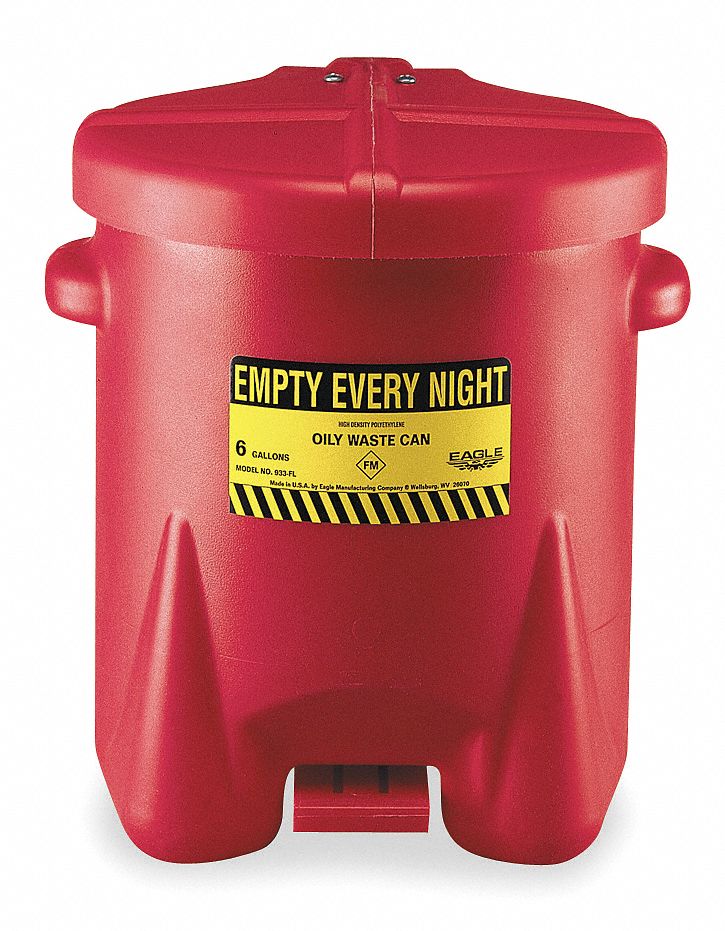 OILY WASTE CAN, 6 GAL, RED, PE, 16 IN H, 13½ IN OD, FOOT OPERATED SELF CLOSING