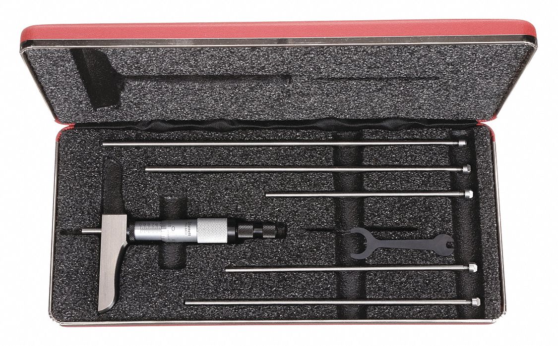 HALF-BASE MECHANICAL DEPTH MICROMETER, 0 TO 6 IN RANGE, +/-001 IN ACCURACY, RATCHET