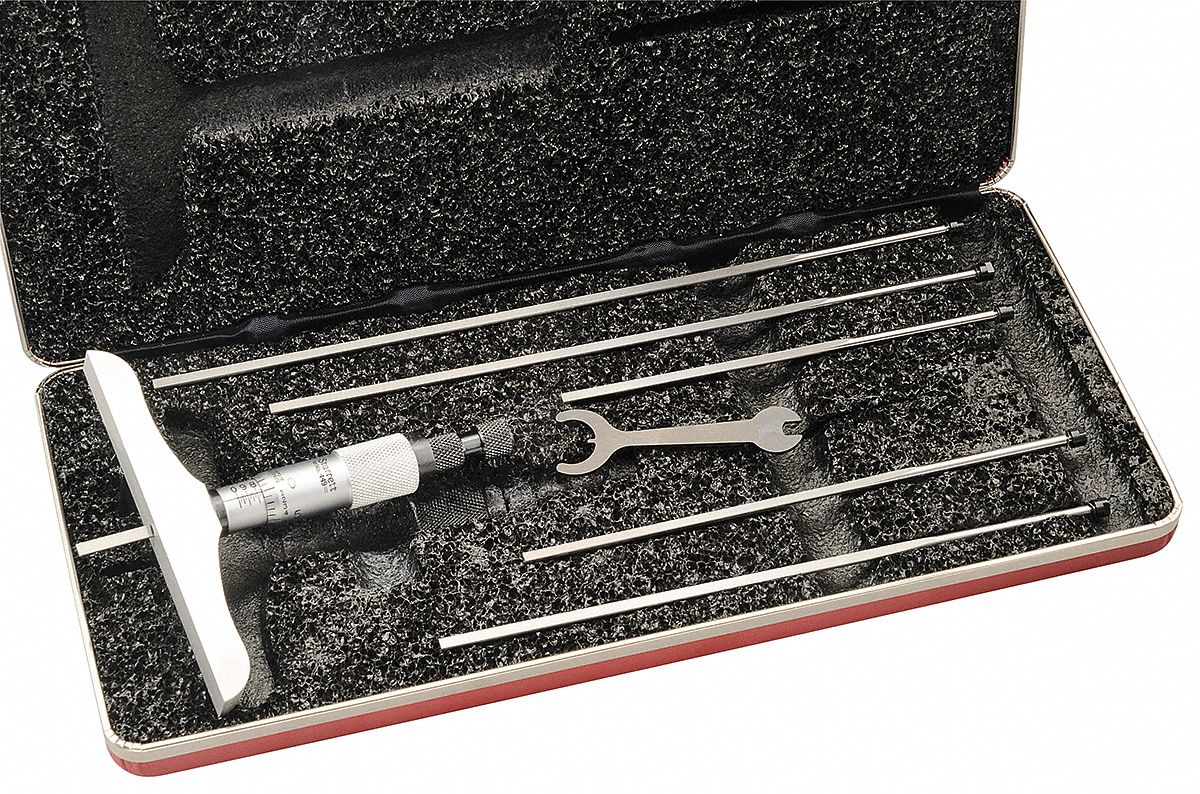 MICROMETER DEPTH GAUGE, HARDENED STEEL ANVIL, MIC HEAD +/-0.0001 IN, RODS +/-0.0002 IN ACCURACY