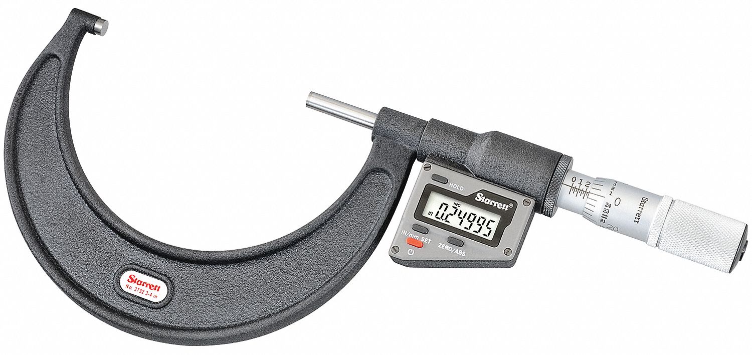 DIGITAL OUTSIDE MICROMETER, 101 TO 127MM/4 TO 5 IN RANGE, +/-001 IN ACCURACY, CARBIDE