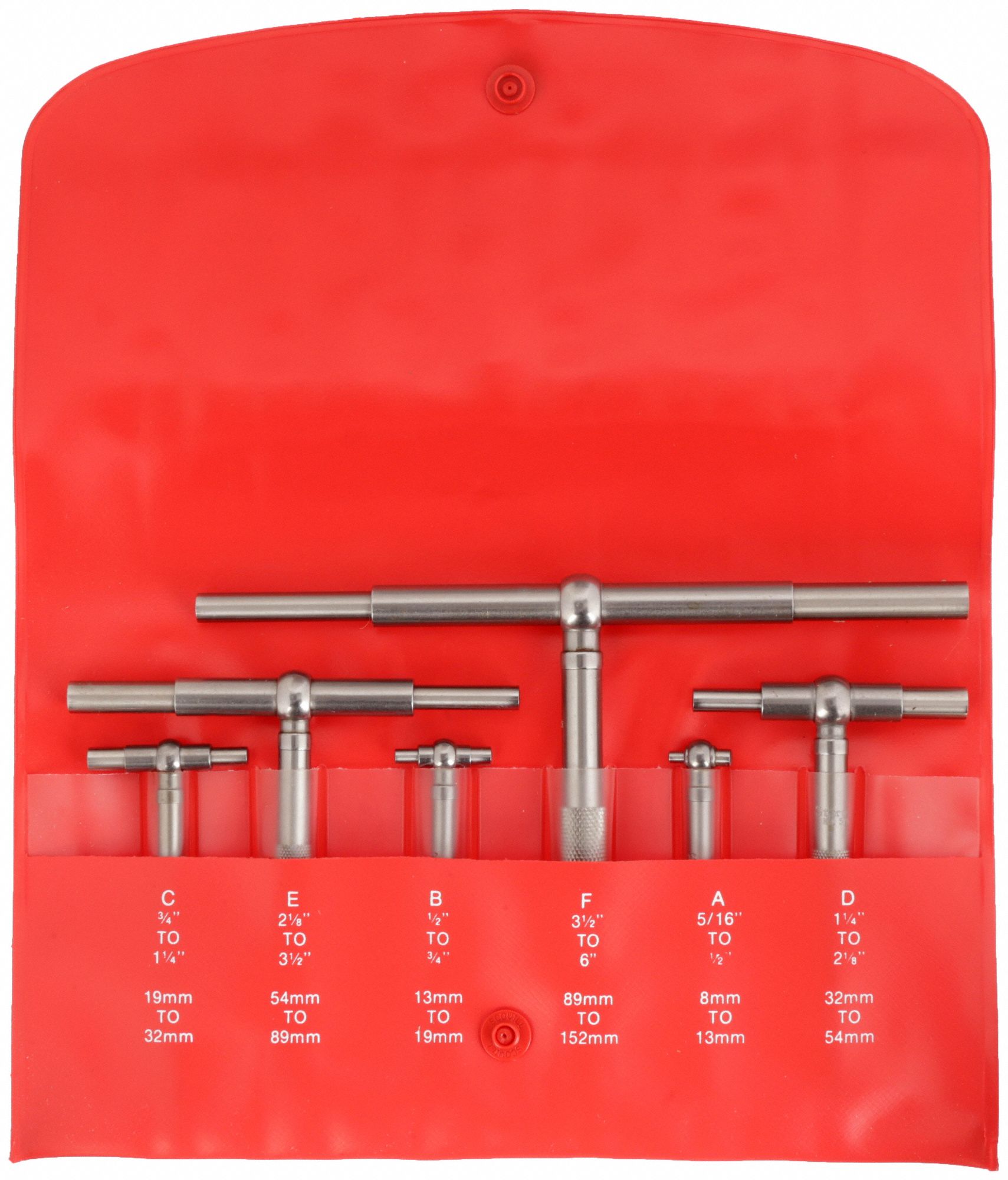 TELESCOPING GAUGE SET, 6 PIECES, 5/16 IN TO 2⅛ IN RANGE, 2.375 IN MAX MEASURING DP