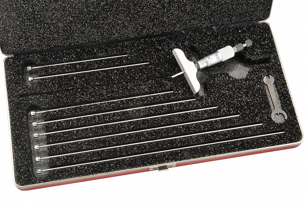 MECHANICAL DEPTH MICROMETER, 0 IN TO 9 IN RANGE, +/-001 IN ACCURACY, 2½ IN BASE L