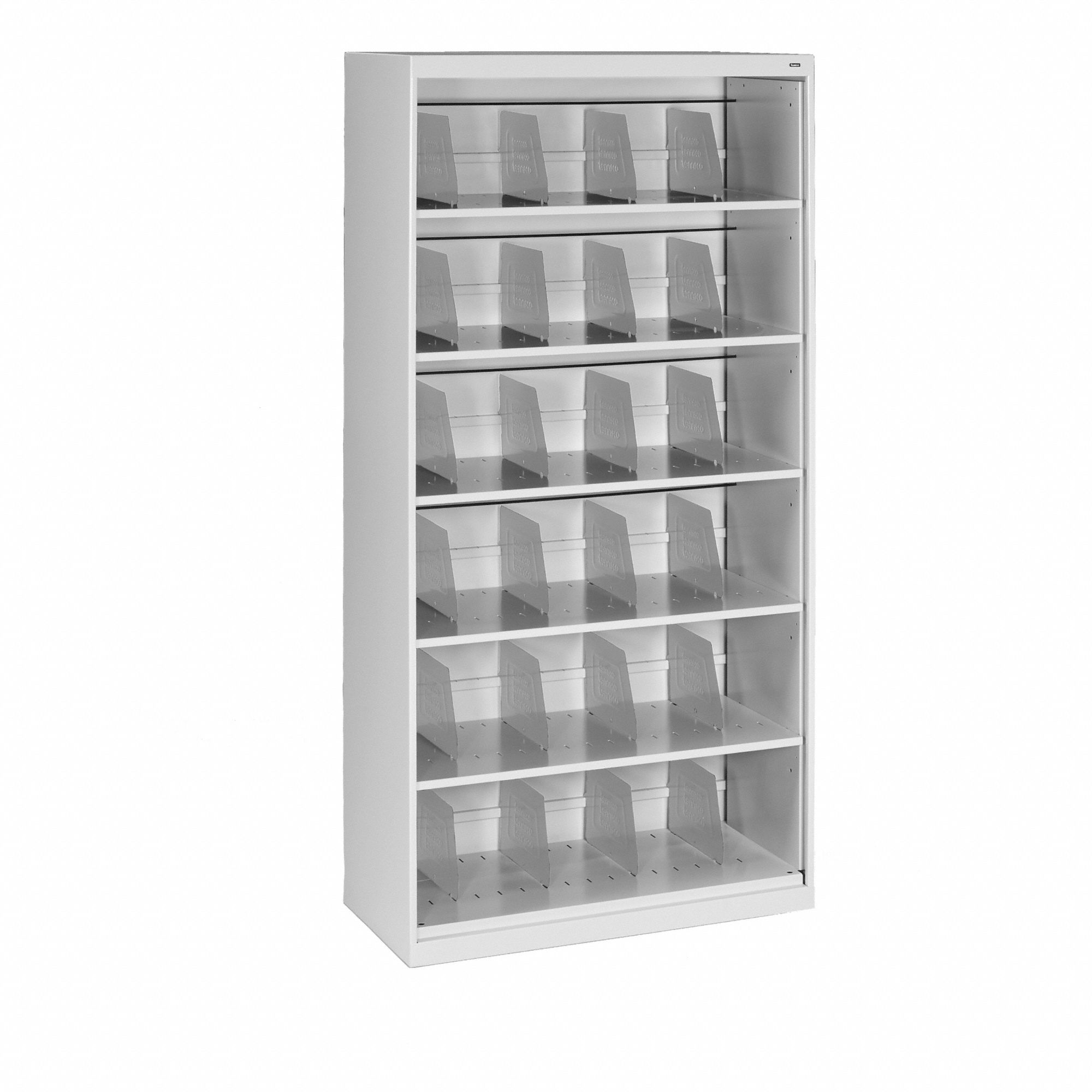 Open-File Shelves: Closed Back, 24 Dividers, 6 Shelves, 75 1/4 in Overall Ht, Light Gray