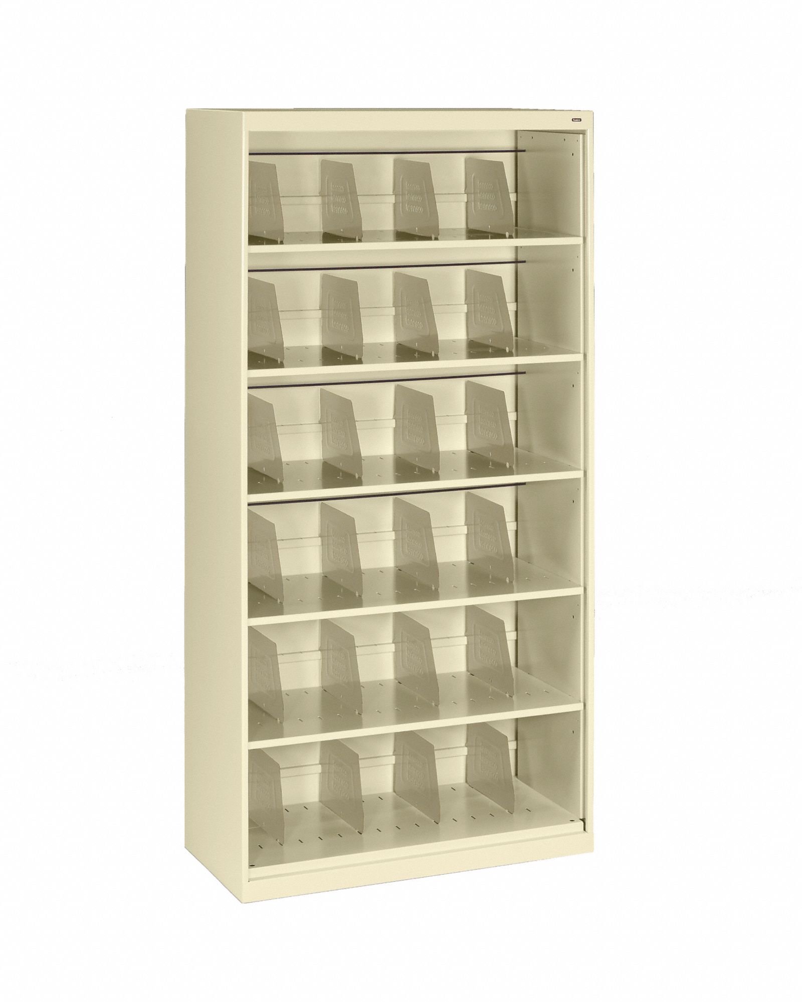 Open-File Shelves: Closed Back, 24 Dividers, 6 Shelves, 75 1/4 in Overall Ht, Champagne