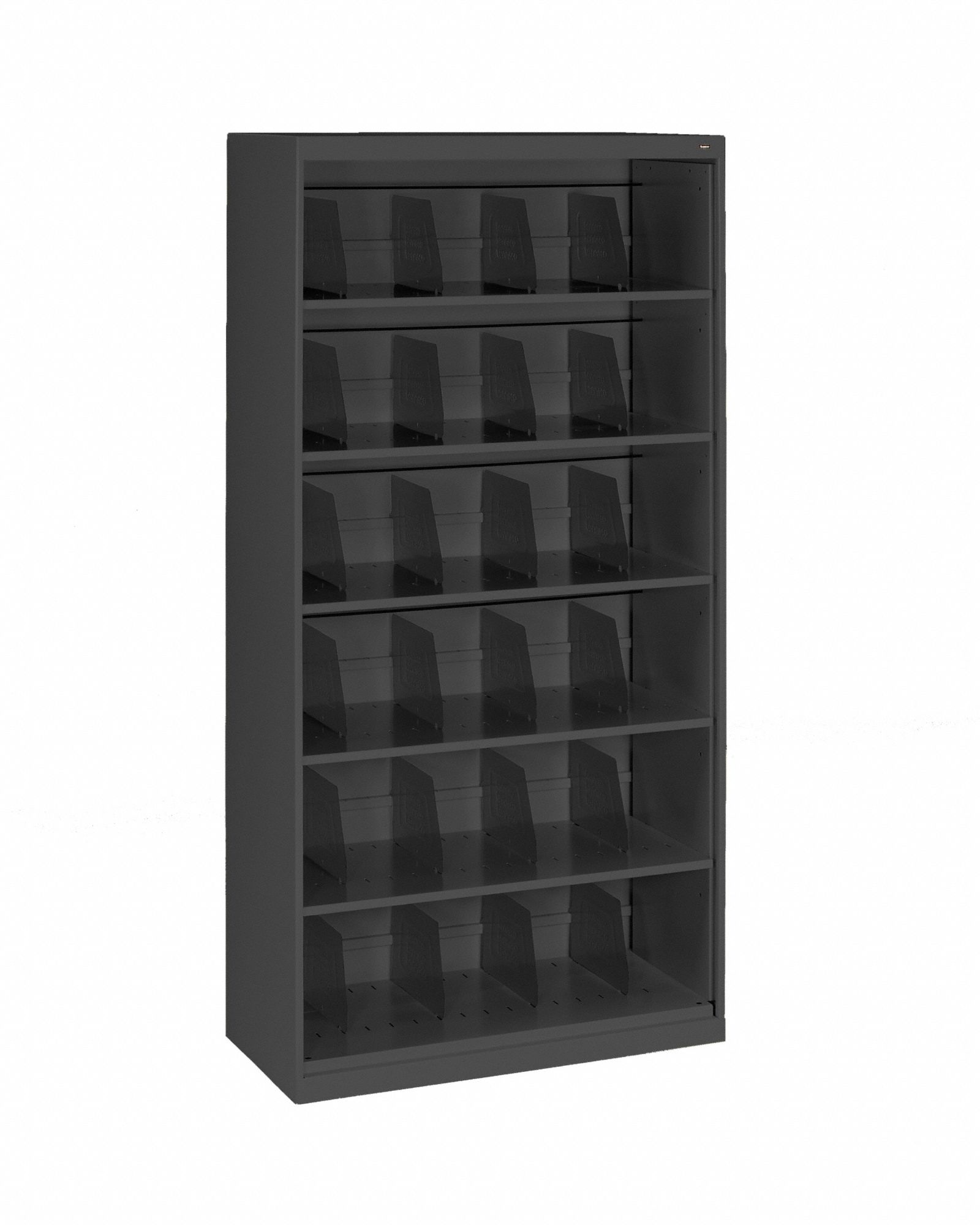Open-File Shelves: Closed Back, 24 Dividers, 6 Shelves, 75 1/4 in Overall Ht, Black, Steel