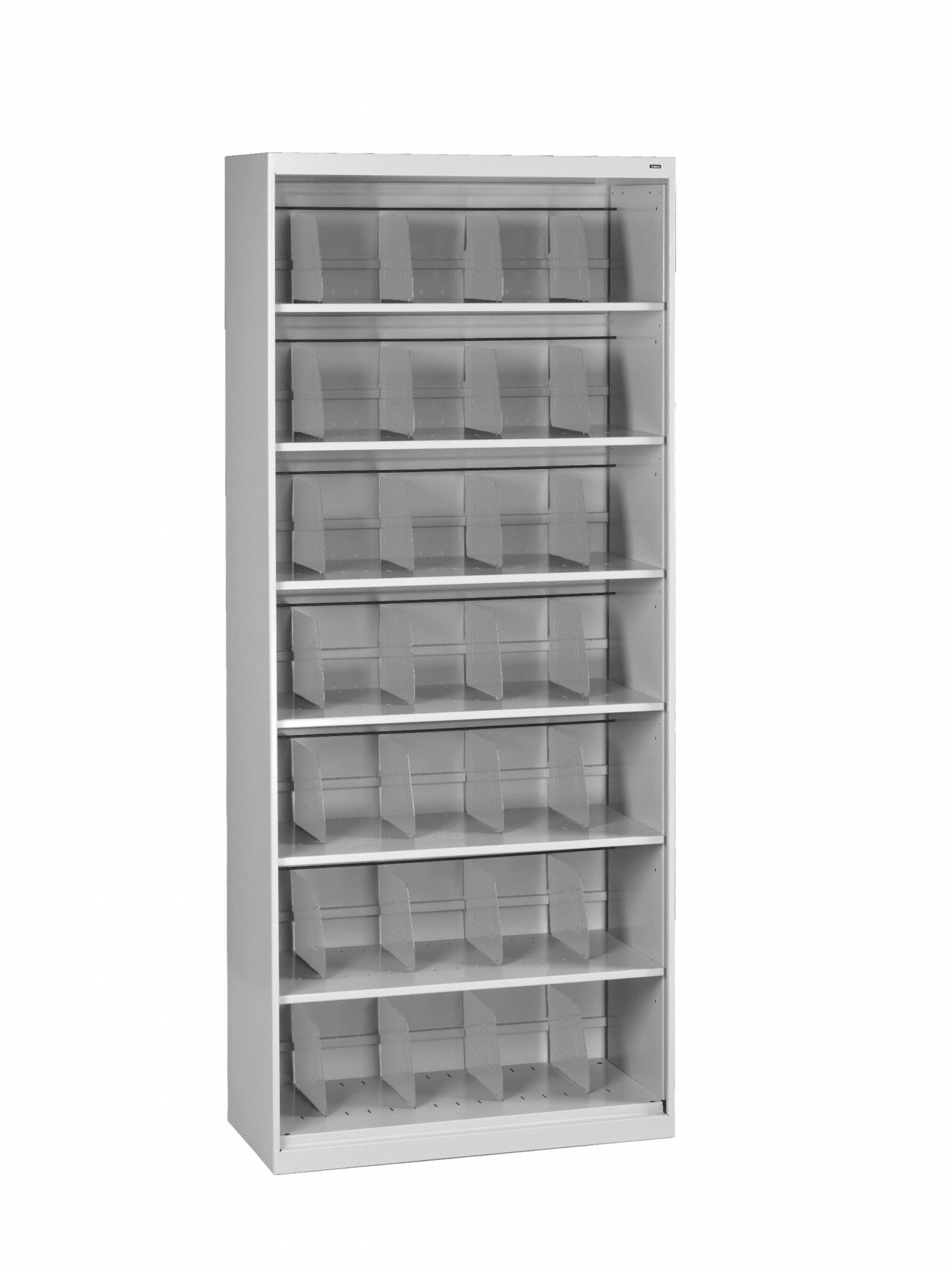 Open-File Shelves: Closed Back, 28 Dividers, 7 Shelves, 87 in Overall Ht, 17 in Overall Dp