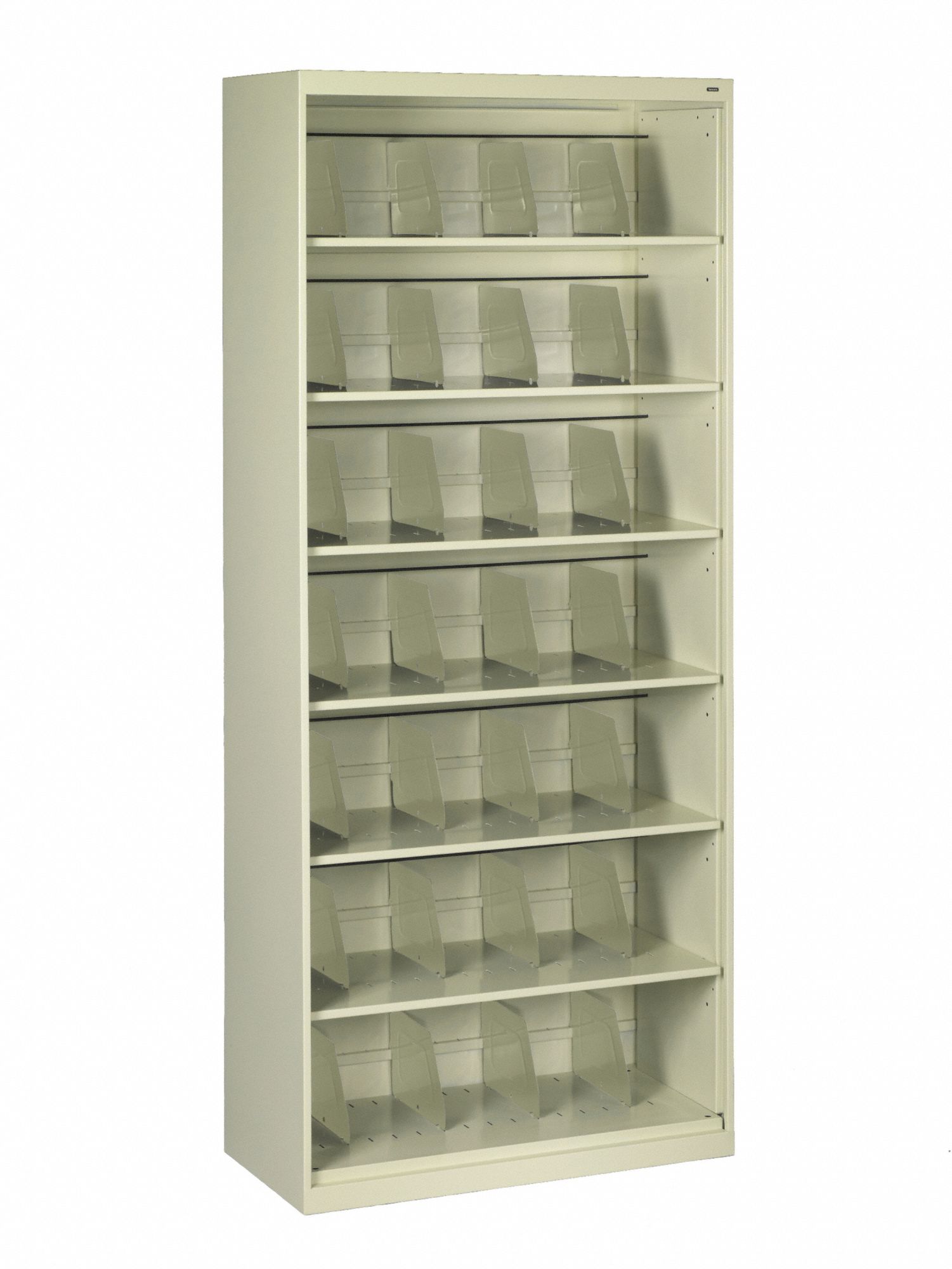 Open-File Shelves: Closed Back, 28 Dividers, 7 Shelves, 87 in Overall Ht, 17 in Overall Dp