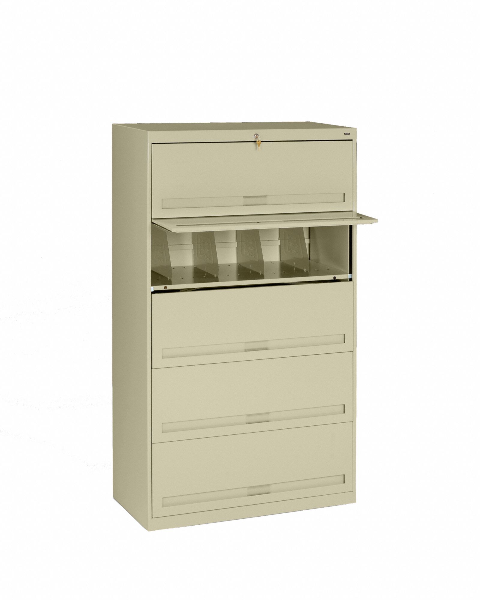 Lateral File Cabinet: Champagne/Putty, 5 Drawers, 63 1/2 in Overall Ht, 16 1/2 in Overall Dp