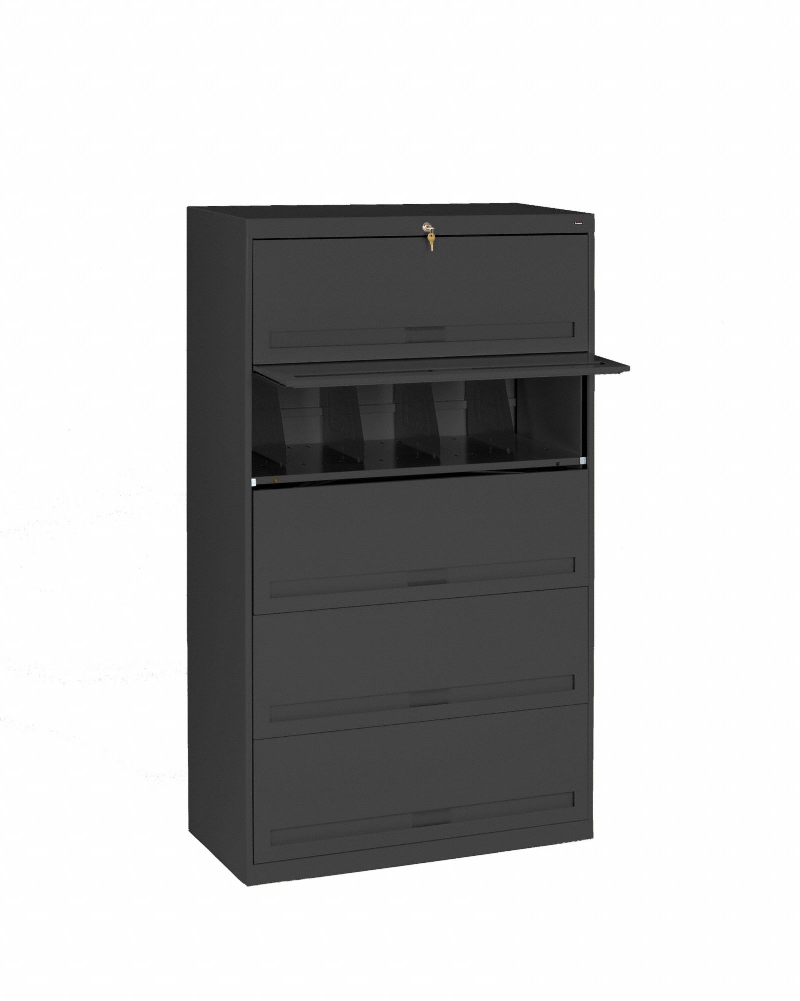 Lateral File Cabinet: Black, 5 Drawers, 63 1/2 in Overall Ht, 16 1/2 in Overall Dp, Steel