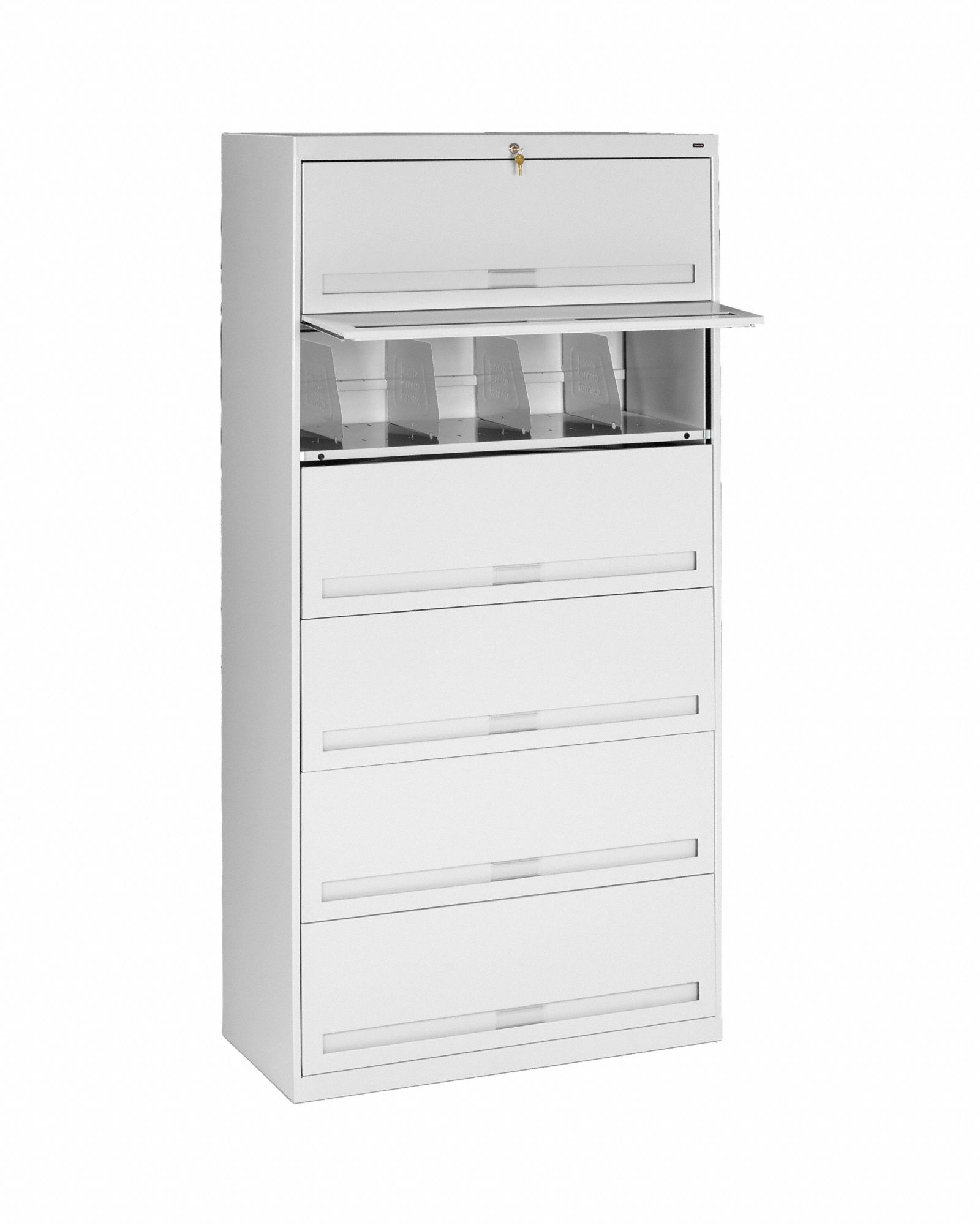 Lateral File Cabinet: Light Gray, 6 Drawers, 75 1/4 in Overall Ht, 16 1/2 in Overall Dp