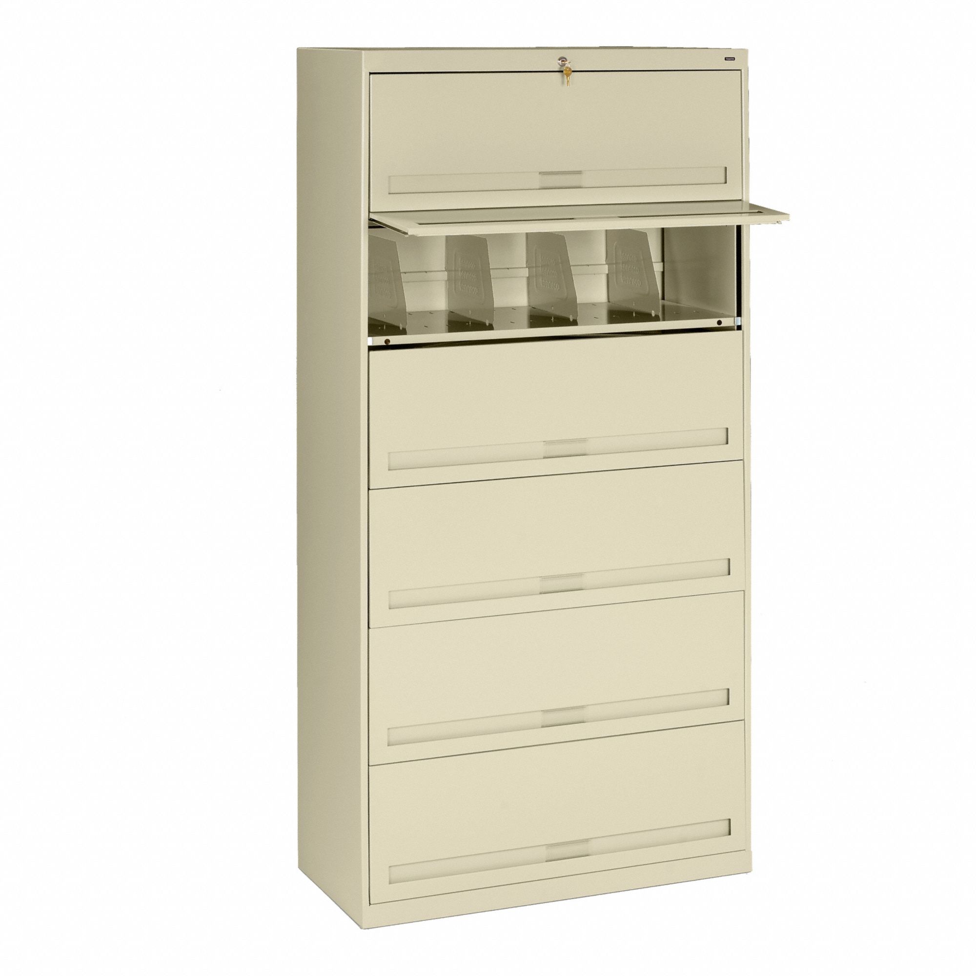 Lateral File Cabinet: Champagne/Putty, 6 Drawers, 75 1/4 in Overall Ht, 16 1/2 in Overall Dp