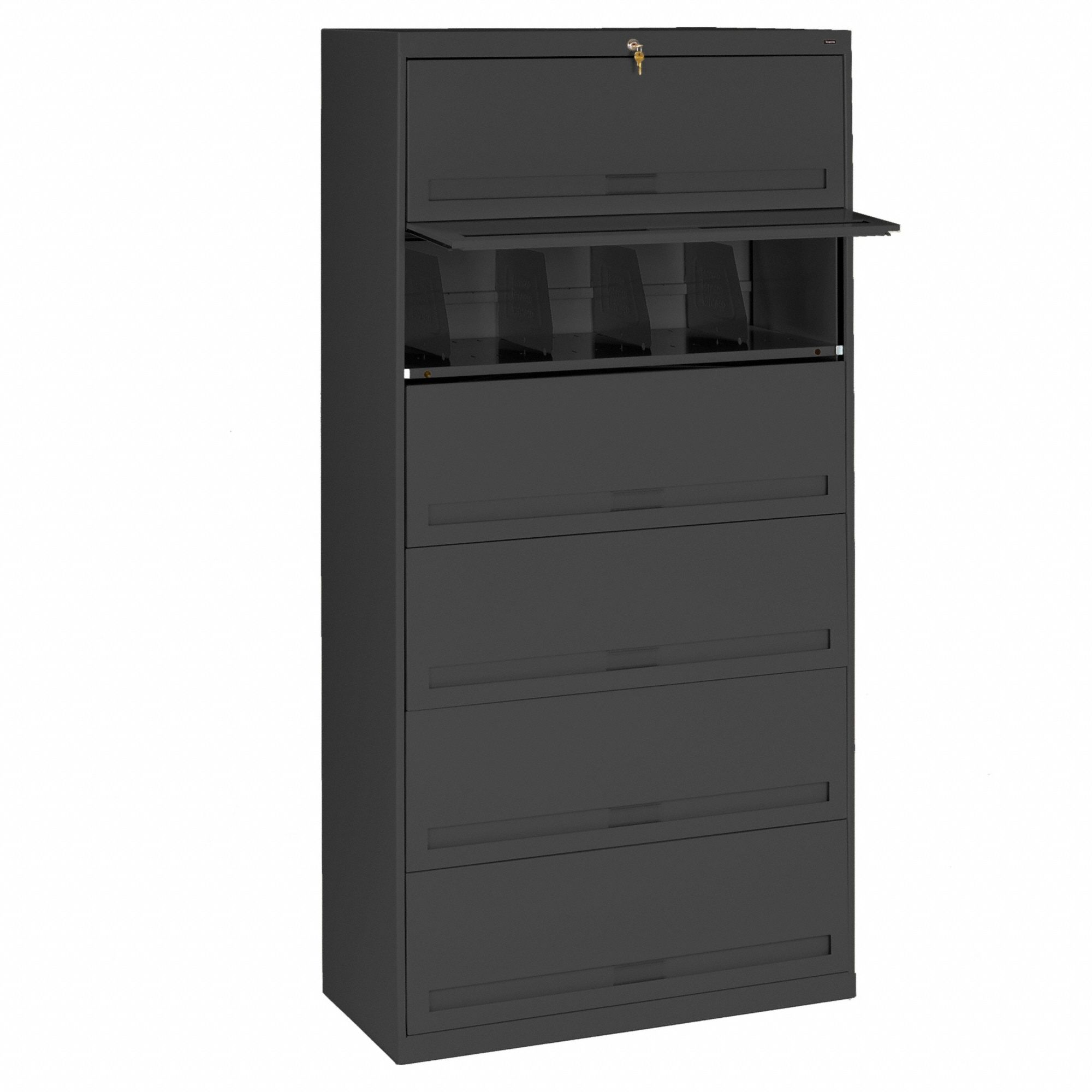 Lateral File Cabinet: Black, 6 Drawers, 75 1/4 in Overall Ht, 16 1/2 in Overall Dp, Steel