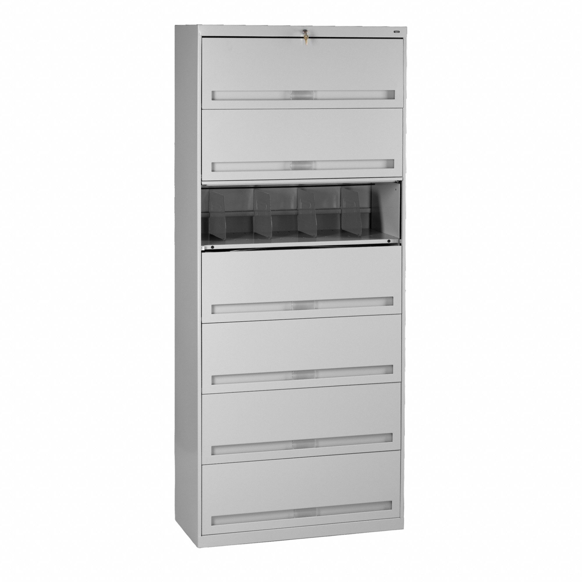 Lateral File Cabinet: Light Gray, 7 Drawers, 87 in Overall Ht, 16 1/2 in Overall Dp, Steel