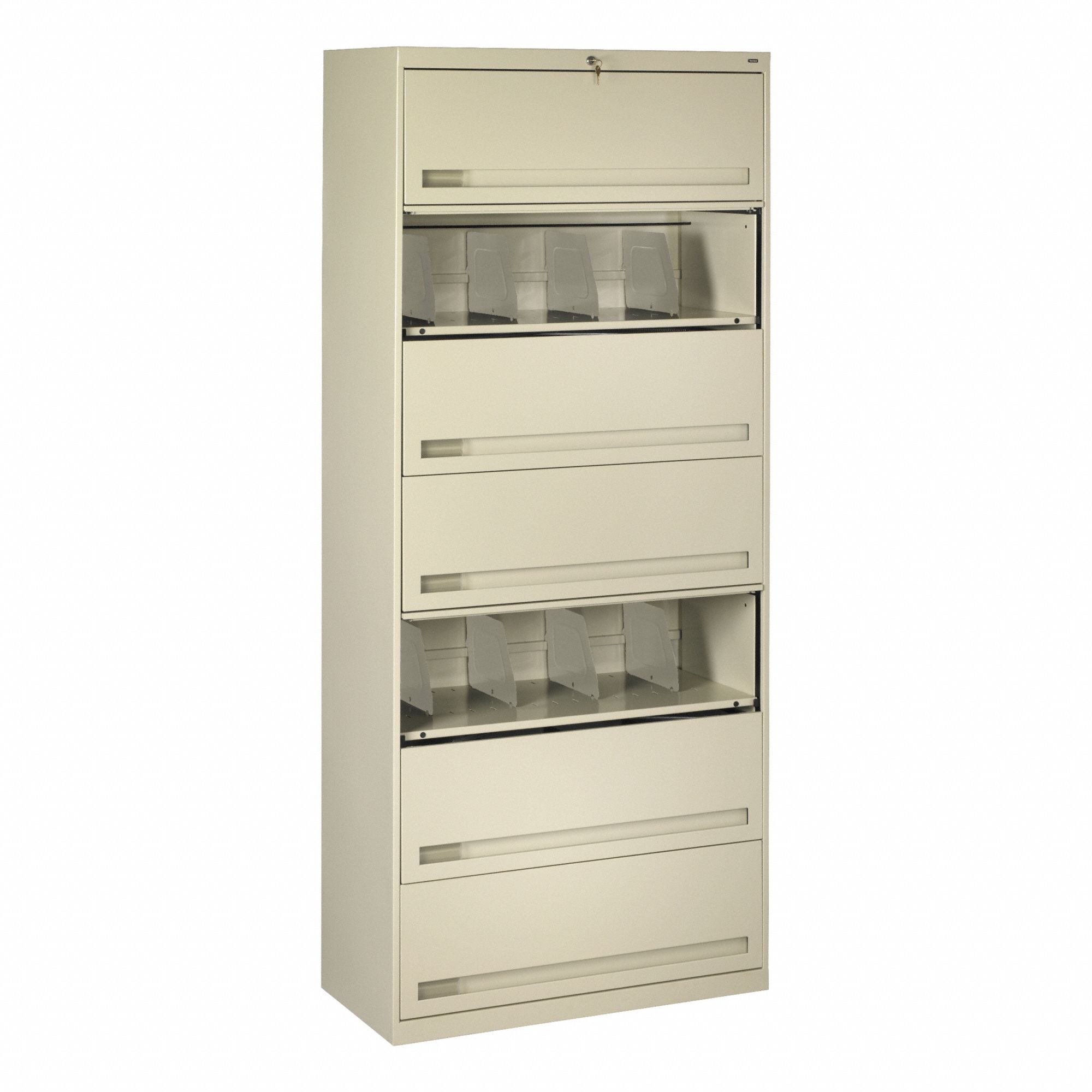 Lateral File Cabinet: Champagne/Putty, 7 Drawers, 87 in Overall Ht, 16 1/2 in Overall Dp