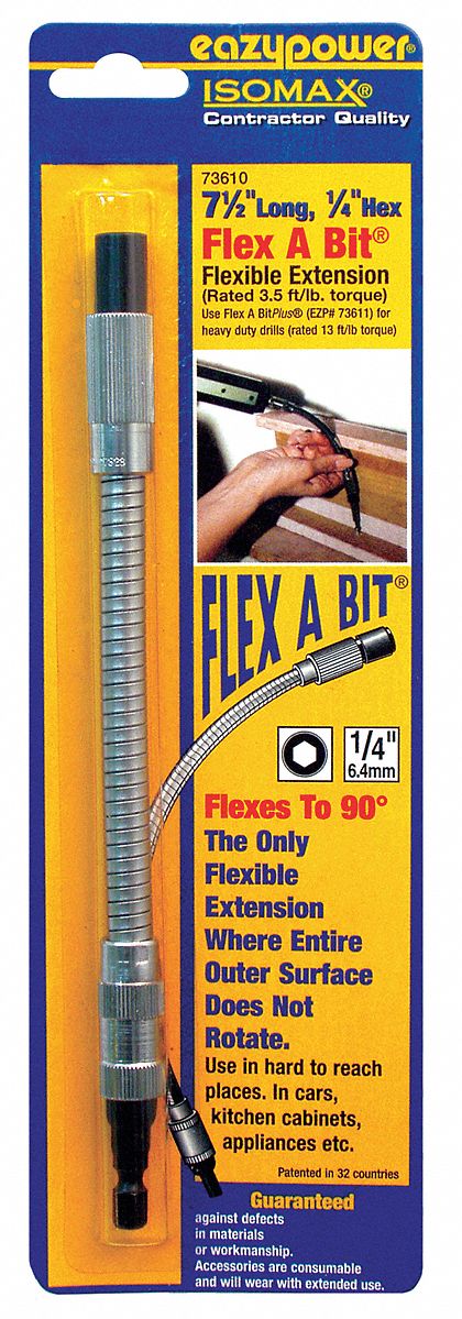 Flexible Extension: 1/4 in Drive Size, Hex, 7 1/2 in Overall Bit Lg, Magnetic