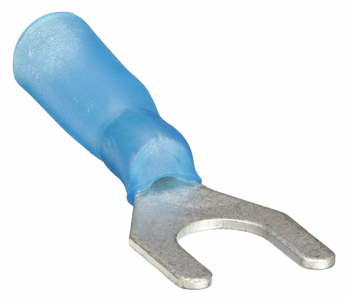 Fork Terminals: Blue, Heat Shrink, 1/4 in Stud Size, 16 AWG – 14 AWG Wire Range, Std Fork