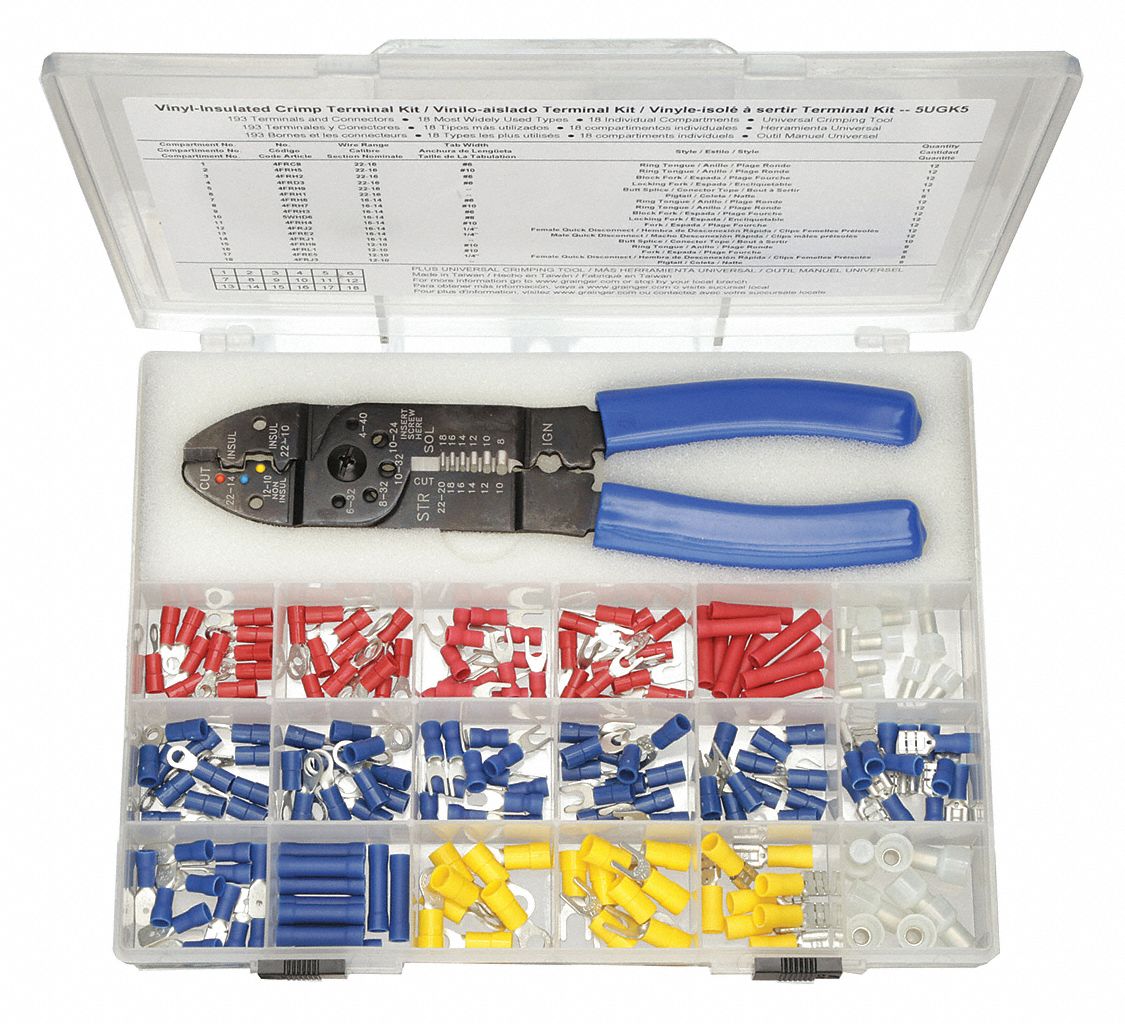 WIRE TERMINAL KIT, CRIMPING TOOL, INSULATED, 194 PIECES