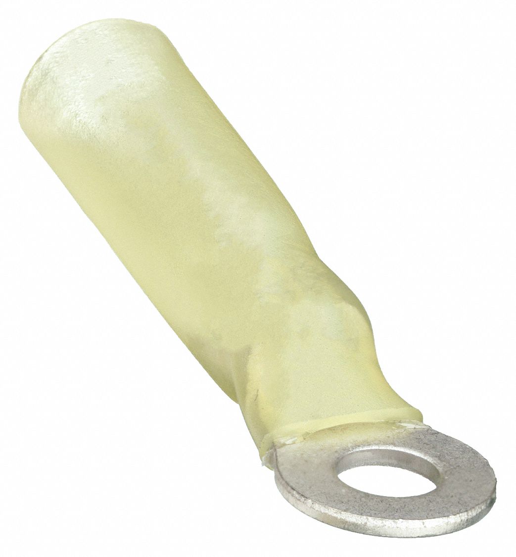 RING TERMINAL, HEAT SHRINK (POLYOLEFIN), YELLOW, #8 STUD SIZE, 25 PK