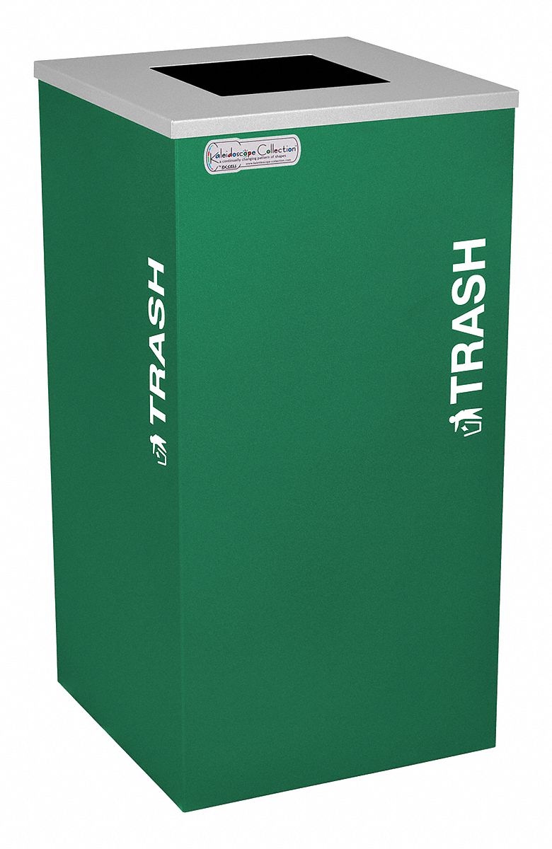 Trash Can: Steel, 24 gal Container Capacity, Flat with Top Opening Top, 30 in Overall Ht