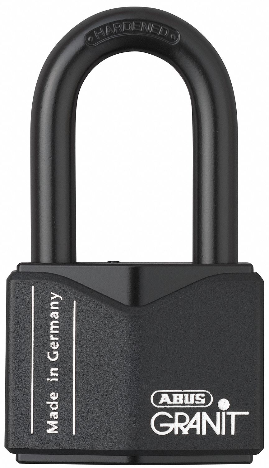 Padlock: Steel, Unfinished, Black, Long Shackle, Steel, 2 in Vert Clearance, GRANIT