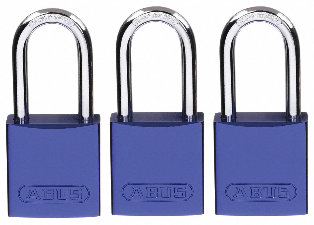 LOCKOUT PADLOCK, KEYED ALIKE, ALUMINUM, STANDARD BODY, HARDENED STEEL, BLUE, OSHA, 3 PK