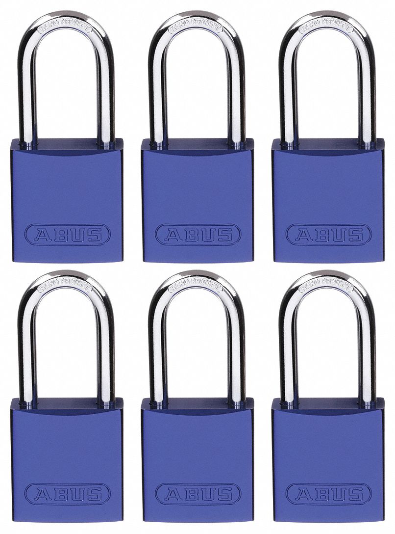 LOCKOUT PADLOCK, KEYED ALIKE, ALUMINUM, STANDARD BODY, HARDENED STEEL, BLUE, OSHA, 6 PK