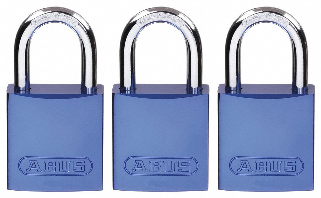 LOCKOUT PADLOCK, KEYED ALIKE, ALUMINUM, STANDARD BODY, HARDENED STEEL, BLUE, OSHA, 3 PK