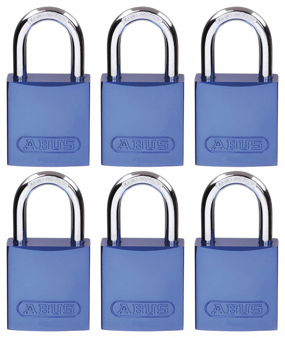 LOCKOUT PADLOCK, KEYED ALIKE, ALUMINUM, STANDARD BODY, HARDENED STEEL, BLUE, OSHA, 6 PK