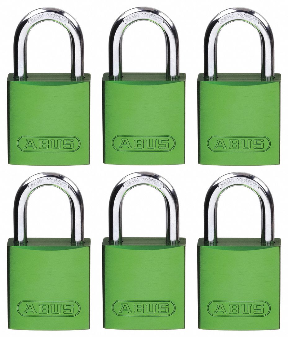 LOCKOUT PADLOCK, KEYED ALIKE, ALUMINUM, STANDARD BODY, HARDENED STEEL, GREEN, OSHA, 6 PK