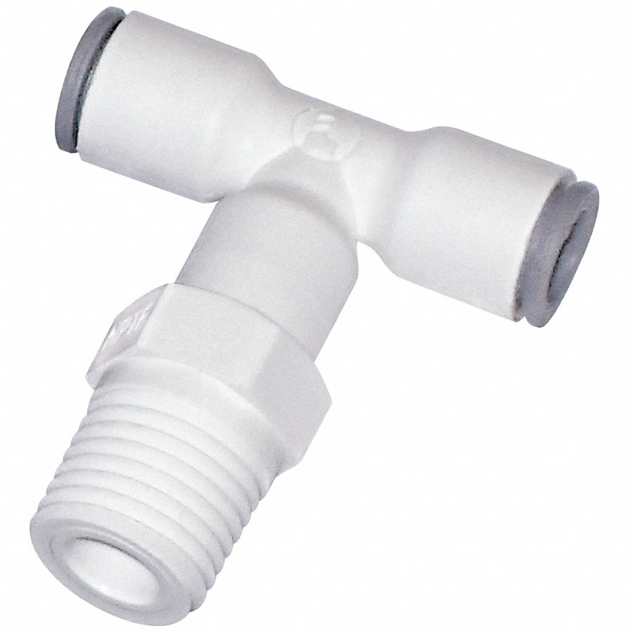 Swivel Branch Tee: Polymer, NPTF x Push-to-Connect x Push-to-Connect, 1/4 in Pipe Size, White, 10 PK