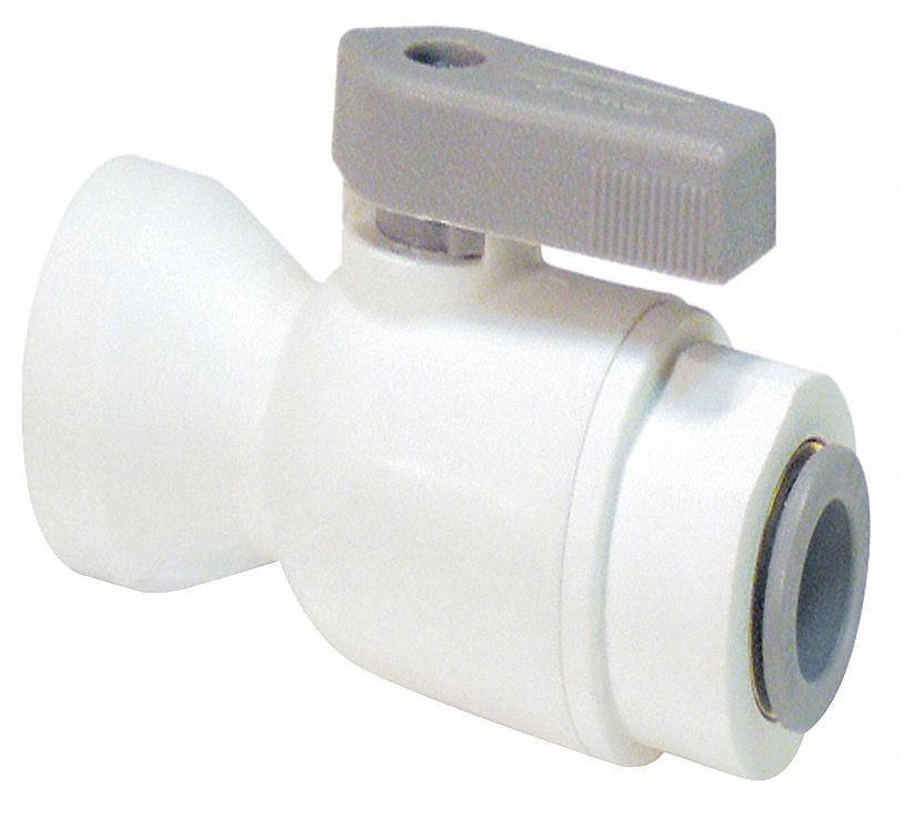 MANUAL TWO-WAY BALL VALVE: ⅜ IN, POLYPROPYLENE, STRAIGHT, PUSH X FNPT, FULL PORT BALL PORT