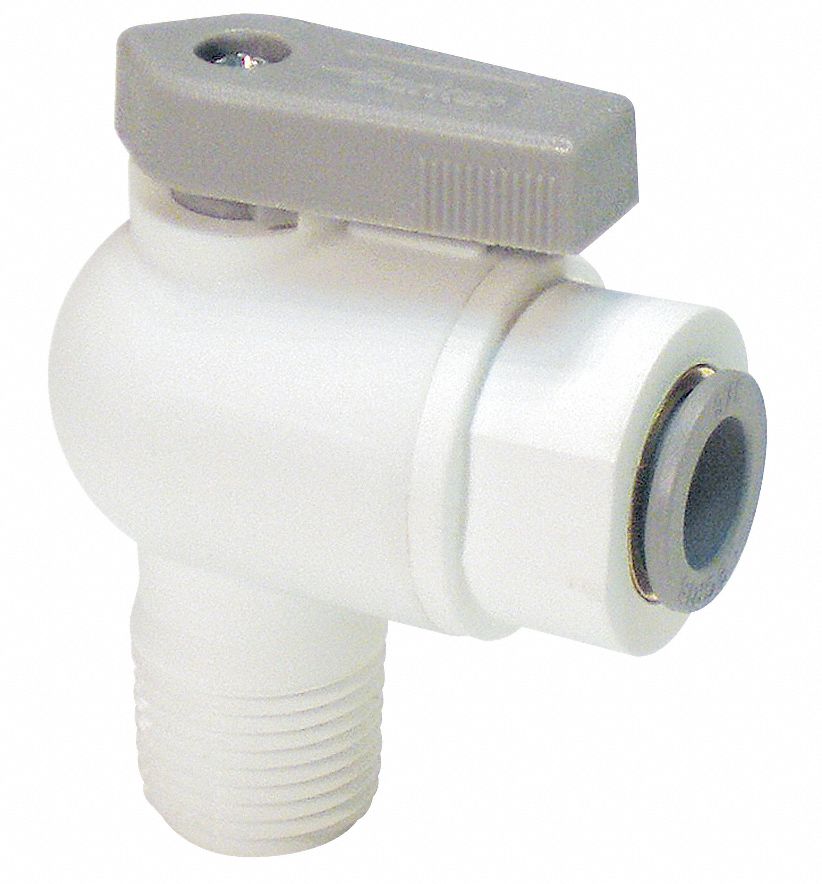 MANUAL TWO-WAY BALL VALVE: ¼ IN, POLYPROPYLENE, ANGLE, PUSH X MNPT, FULL PORT BALL PORT