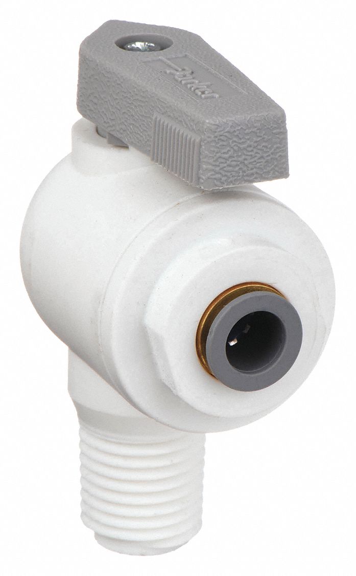 MANUAL TWO-WAY BALL VALVE: ¼ IN, POLYPROPYLENE, ANGLE, PUSH X MNPT, FULL PORT BALL PORT