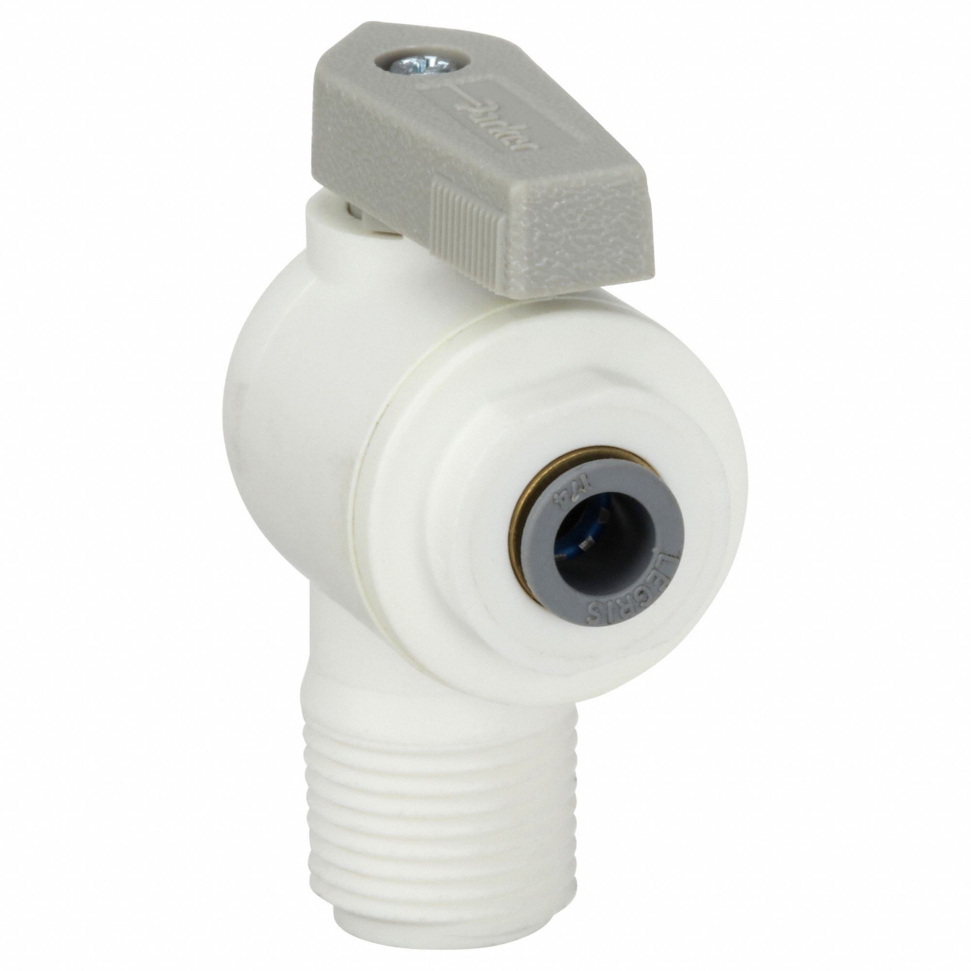 Manual Two-Way Ball Valve: 1/4 in, Polypropylene, Angle, Push x MNPT, Full Port Ball Port