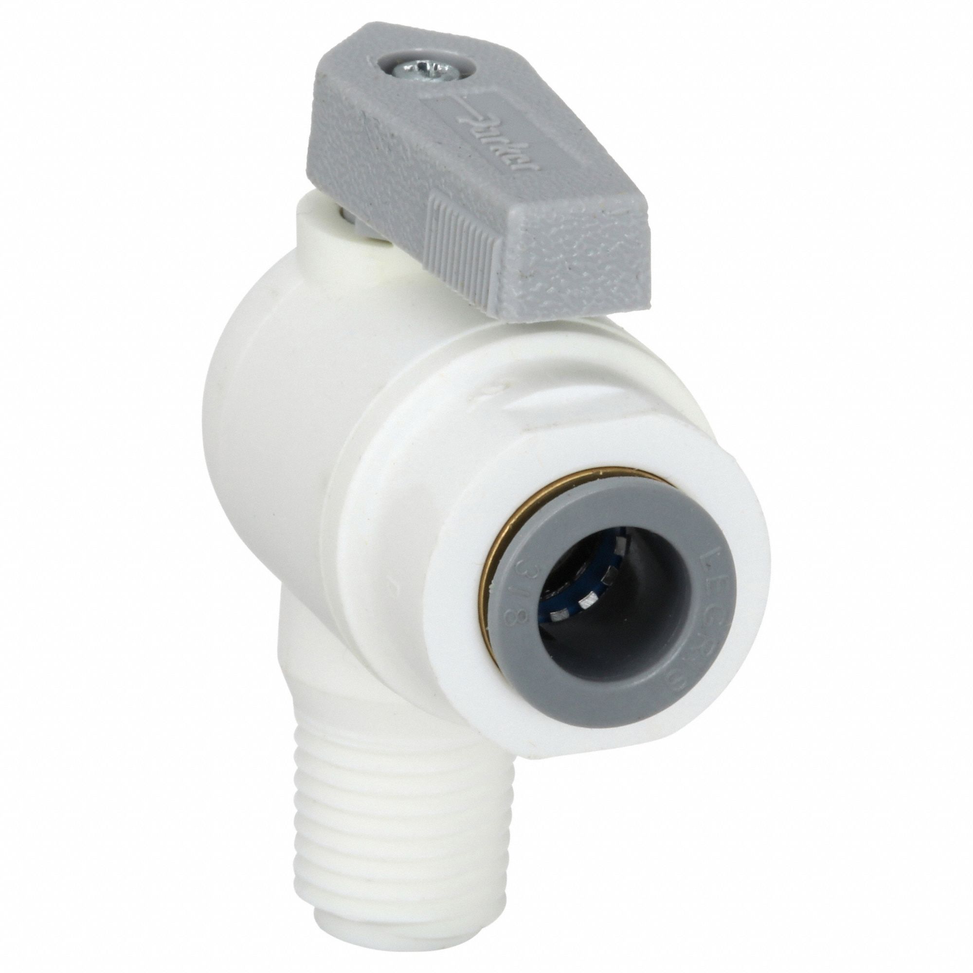 Manual Two-Way Ball Valve: 3/8 in, Polypropylene, Angle, Push x MNPT, Full Port Ball Port