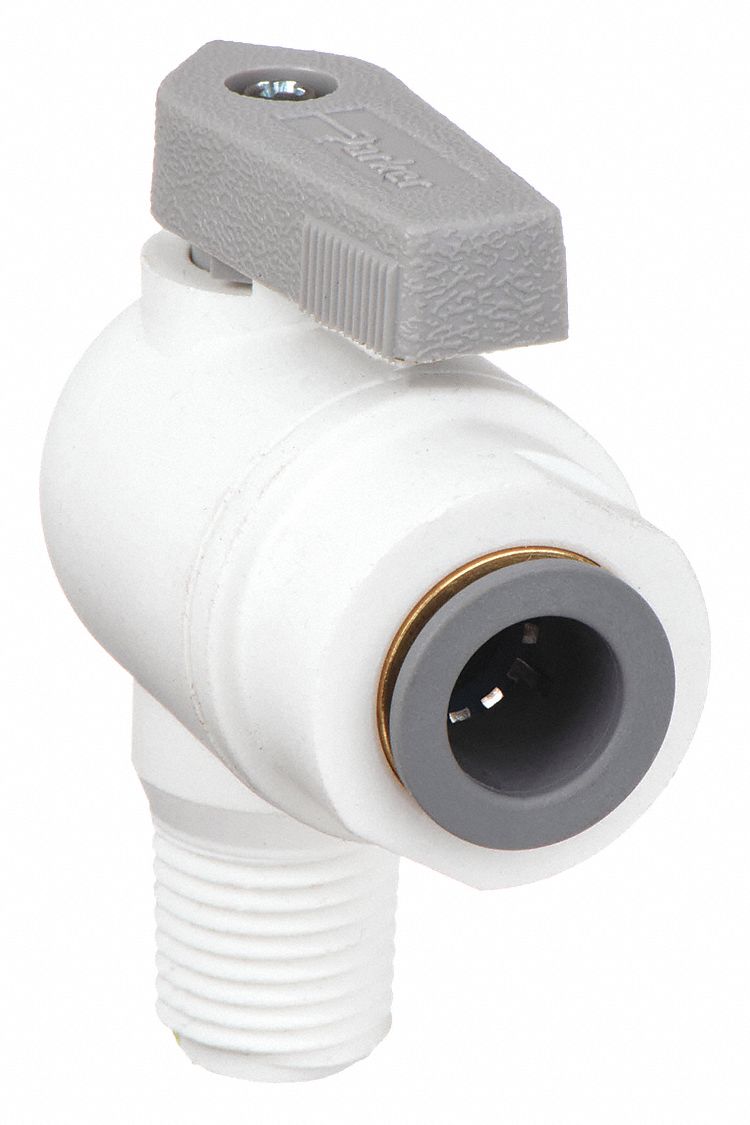 MANUAL TWO-WAY BALL VALVE: ⅜ IN, POLYPROPYLENE, ANGLE, PUSH X MNPT, FULL PORT BALL PORT