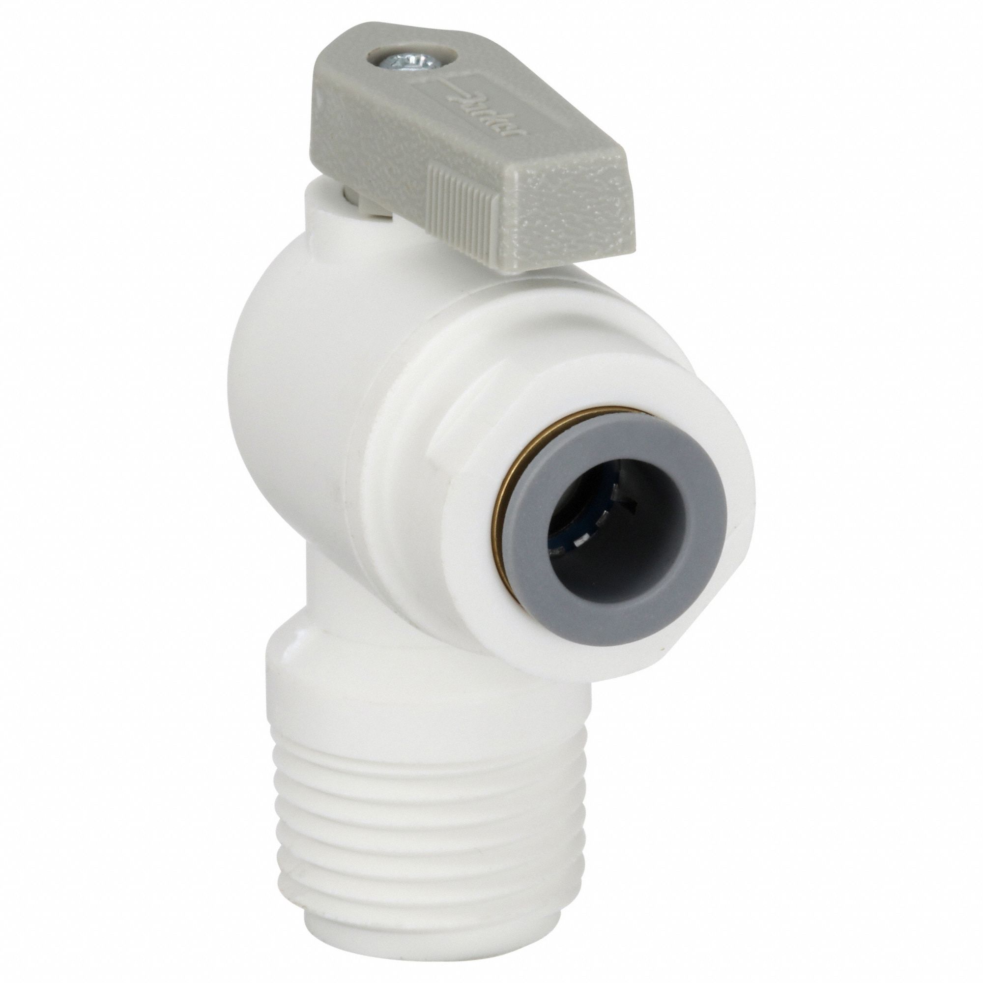 Manual Two-Way Ball Valve: 3/8 in, Polypropylene, Angle, Push x FNPT, Full Port Ball Port