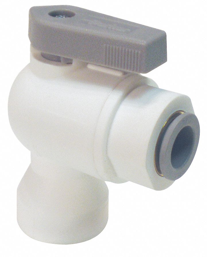 MANUAL TWO-WAY BALL VALVE: ⅜ IN, POLYPROPYLENE, ANGLE, PUSH X FNPT, FULL PORT BALL PORT