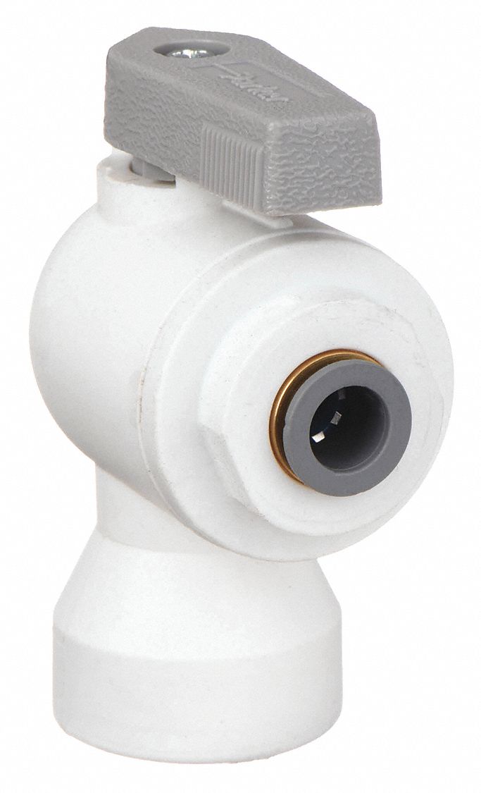 MANUAL TWO-WAY BALL VALVE: ¼ IN, POLYPROPYLENE, ANGLE, PUSH X FNPT, FULL PORT BALL PORT