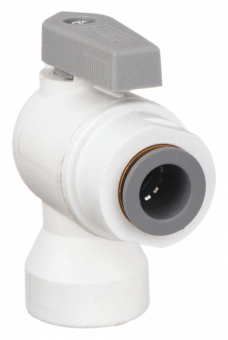MANUAL TWO-WAY BALL VALVE: ⅜ IN, POLYPROPYLENE, ANGLE, PUSH X FNPT, FULL PORT BALL PORT