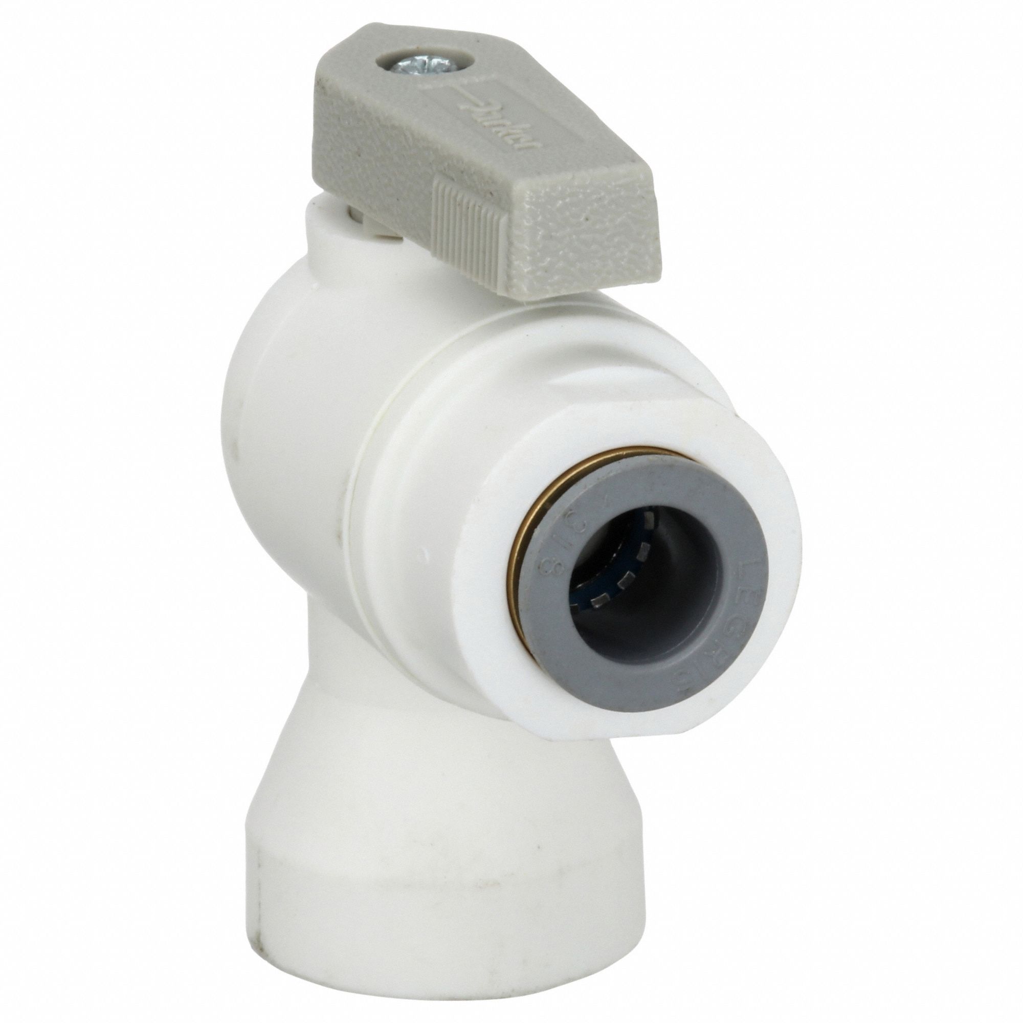 Manual Two-Way Ball Valve: 3/8 in, Polypropylene, Angle, Push x FNPT, Full Port Ball Port