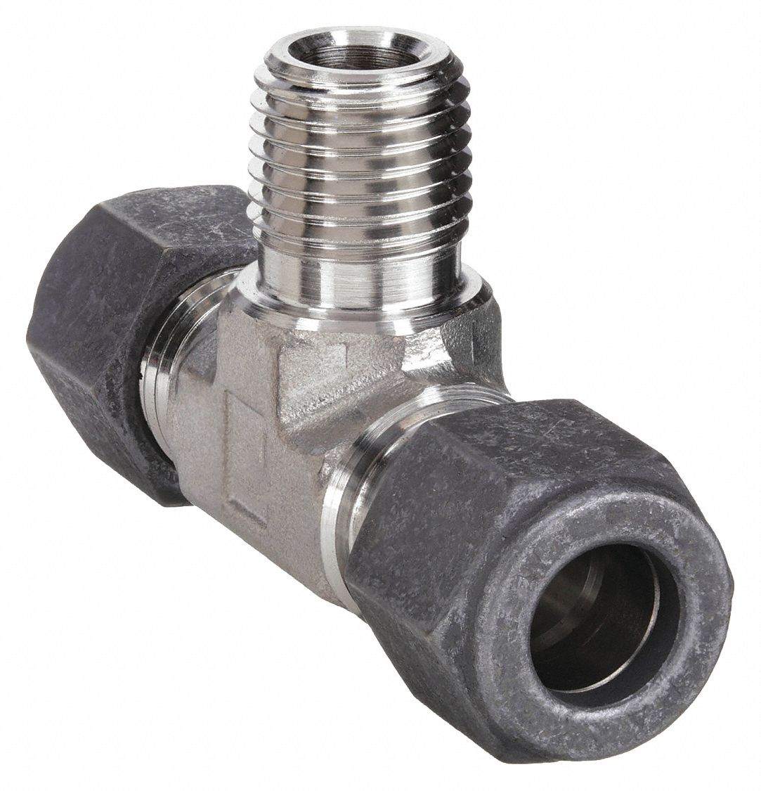 Compression Tee Fitting: 1/4 in OD x 1/4 in OD x 1/8 in Pipe Fitting Size, Stainless Steel