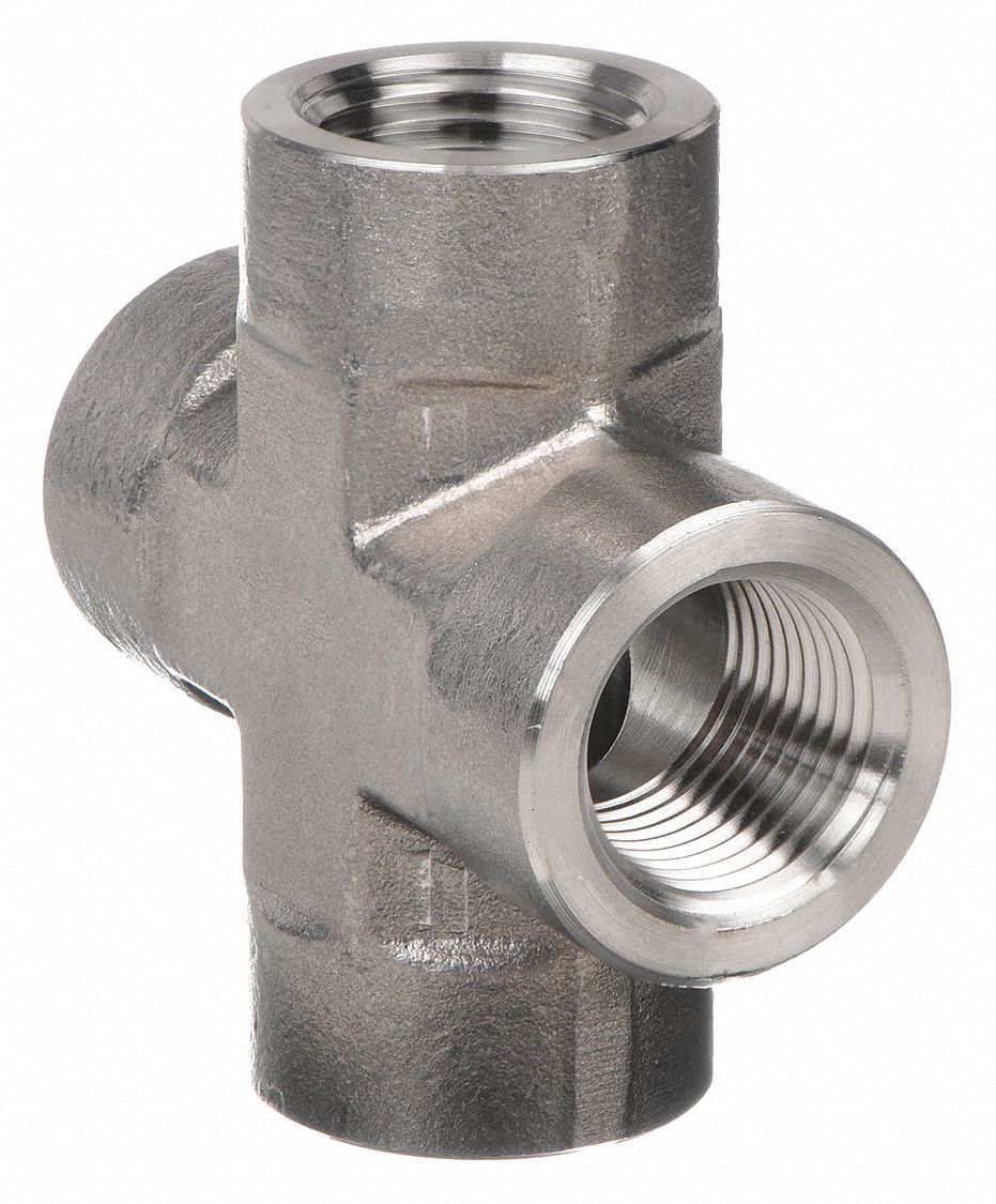 Cross: 316 Stainless Steel, 1/4 in x 1/4 in x 1/4 in x 1/4 in Fitting Pipe Size, 1 3/4 in Overall Lg
