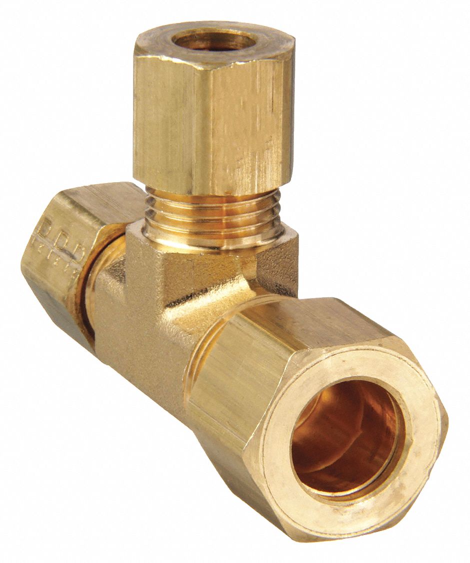 Compression Tee Fitting: 3/8 in OD x 1/4 in OD x 1/4 in OD Fitting Size, Brass, 10 PK