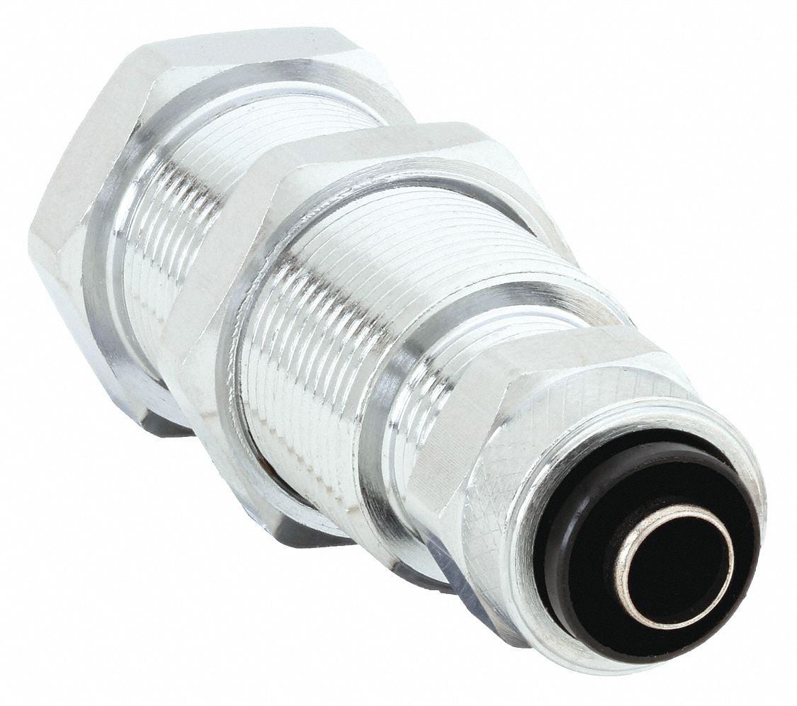 BULKHEAD COUPLER: CHROME PLATED CA360 BRASS, PLUG IN STEM X COMPRESSION, FLOW-THROUGH