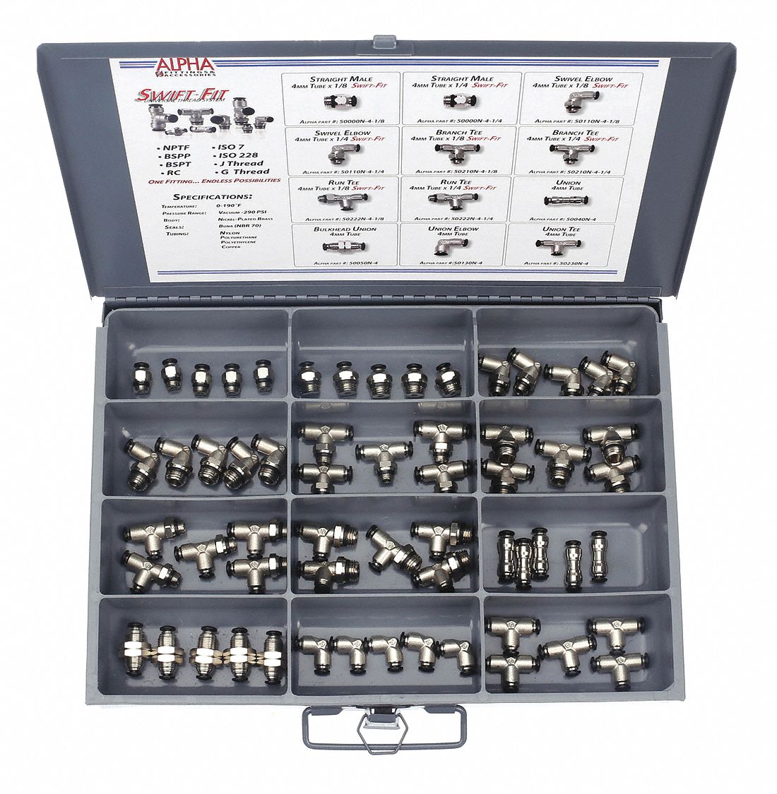 PUSH TO CONNECT FITTINGS KIT: NICKEL-PLATED BRASS, PUSH-FIT/UNIVERSAL THREAD, 60 PIECES