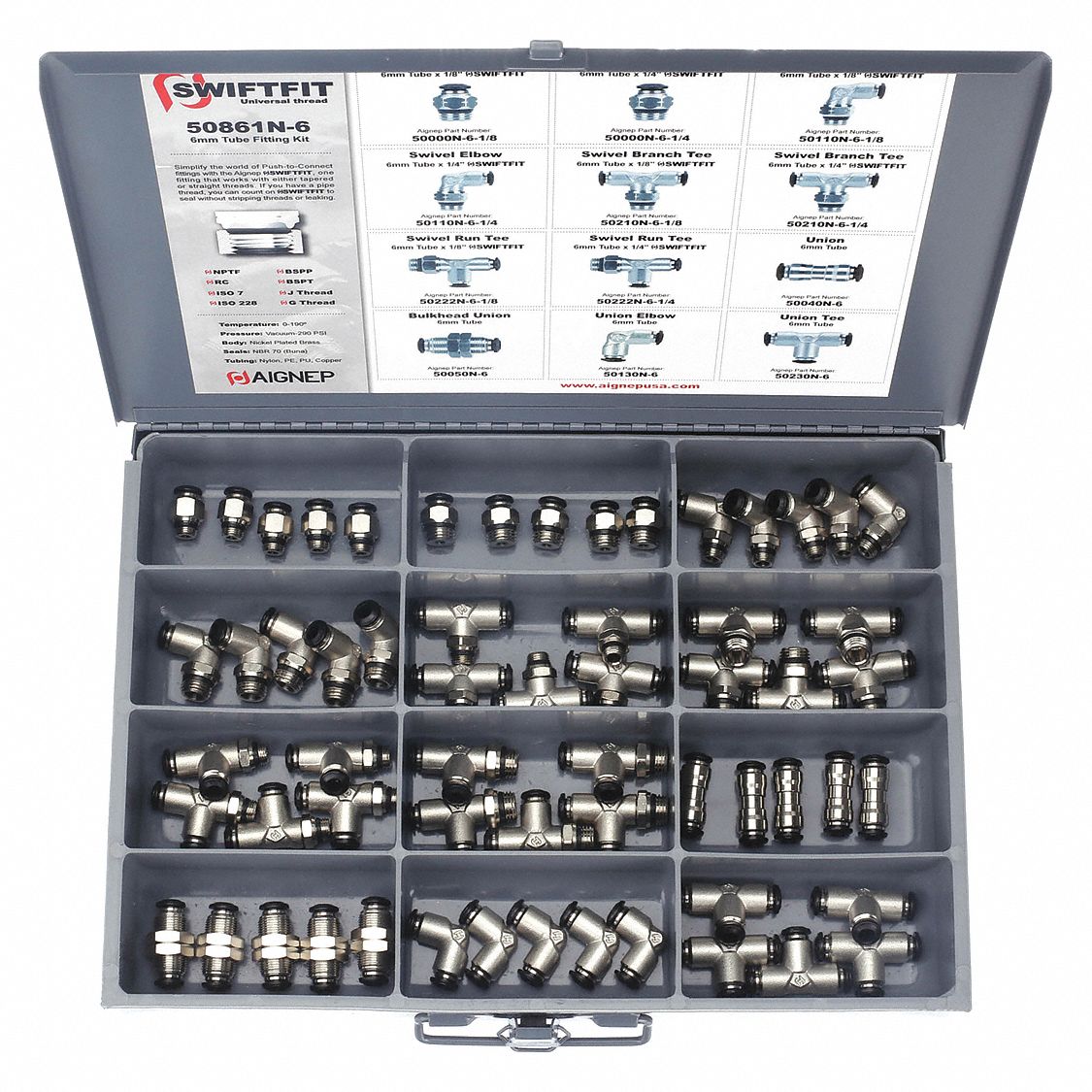 PUSH TO CONNECT FITTINGS KIT: NICKEL-PLATED BRASS, PUSH-FIT/UNIVERSAL THREAD, 60 PIECES, 50861N-6