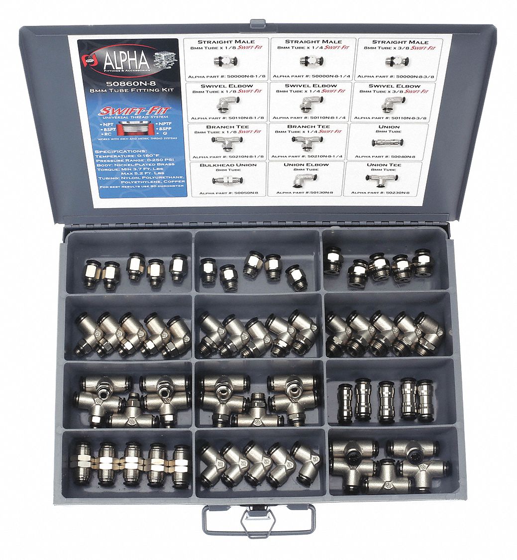 PUSH TO CONNECT FITTINGS KIT: NICKEL-PLATED BRASS, PUSH-FIT/UNIVERSAL THREAD, 60 PIECES, 50861N-8