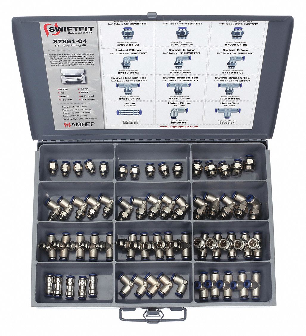 PUSH TO CONNECT FITTINGS KIT: NICKEL-PLATED BRASS, PUSH-FIT/UNIVERSAL THREAD, 60 PIECES, 87861-04